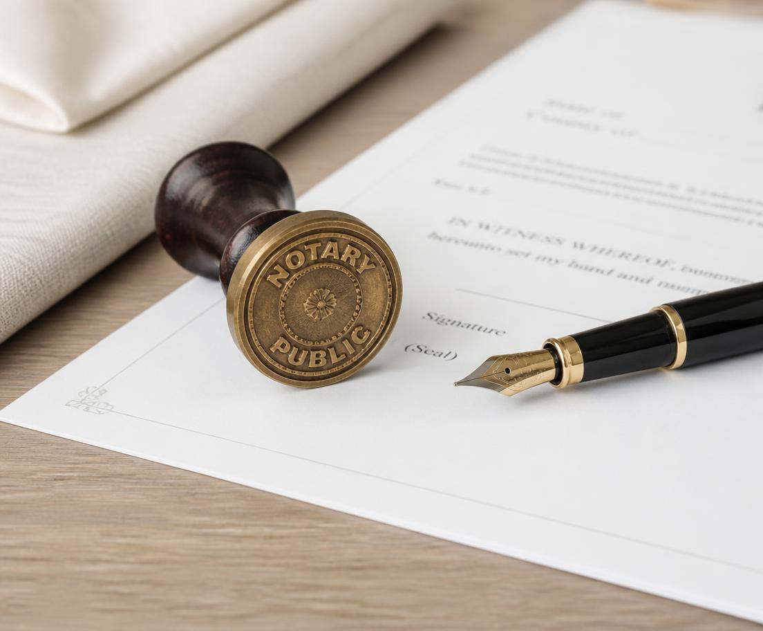 Notary seal and fountain pen resting on legal documents
